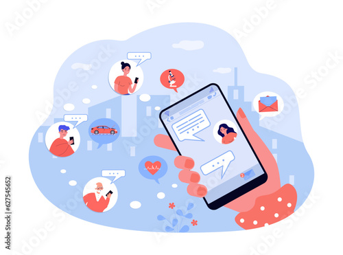 Hand holding phone with chatbot messages vector illustration. Virtual assistant helping people with medical support, scientific research or car repair. Artificial intelligence, communication concept