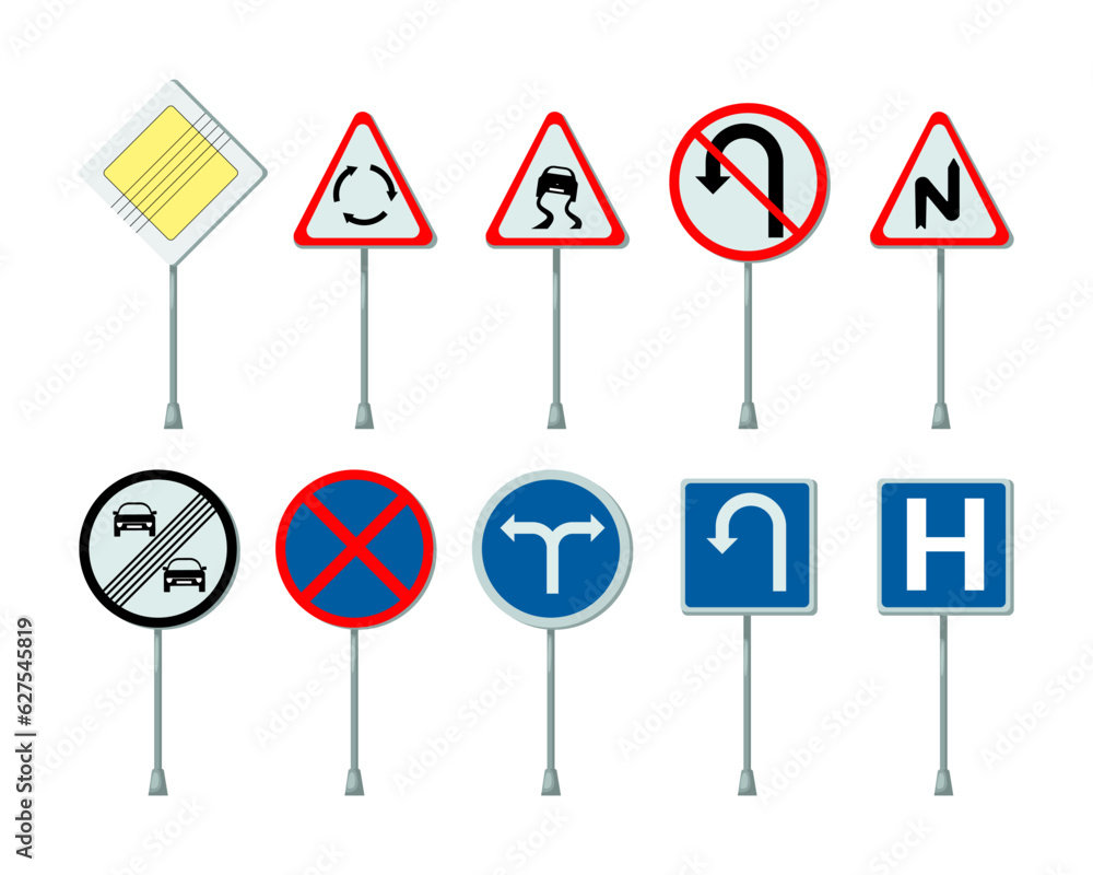 Different road signs vector illustrations set. Priority, prohibition