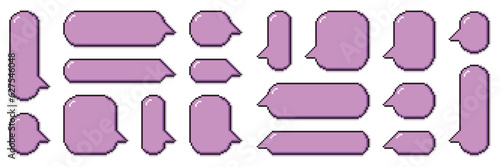 Pixel dialogue box in violet color with shadow. Speech bubbles in pixel art retro style. Isolated flat vector illustration.
