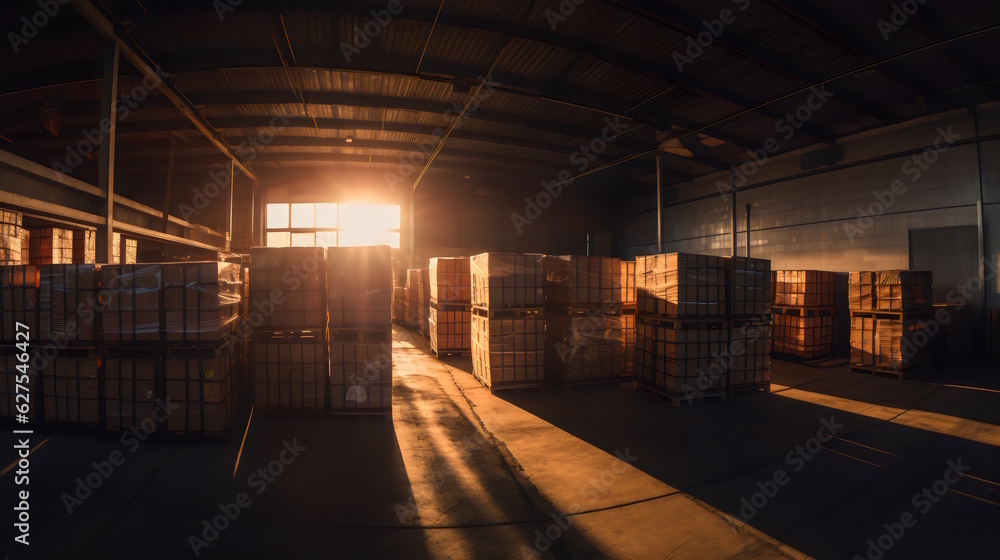 Golden Hour Warehouse: Panoramic Shot at Sunset with Long Shadows Caused by Stacks of Boxes, Basking in the Warm Glow of the Setting Sun. Generative AI