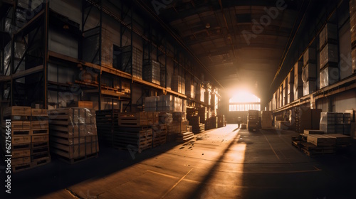 Golden Hour Warehouse: Panoramic Shot at Sunset with Long Shadows Caused by Stacks of Boxes, Basking in the Warm Glow of the Setting Sun. Generative AI