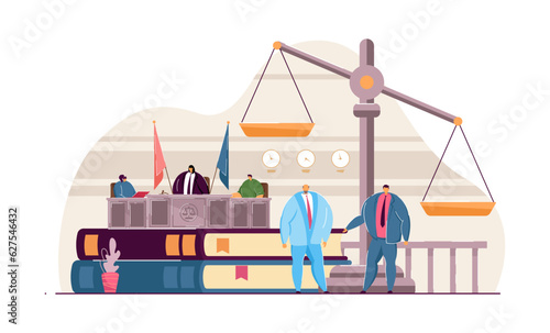 Lawyers working in court vector illustration. Judge and attorneys discussing public finance, tax law, helping people. Law books and scales of justice. Law, government spending, taxation concept