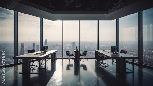 Productivity at Its Finest: A Sleek Office Space with Tidy Desks, High-End Technology, and a Breathtaking Cityscape View, Perfect for Boosting Efficiency and Inspiring Creativity. Generative AI © Akash