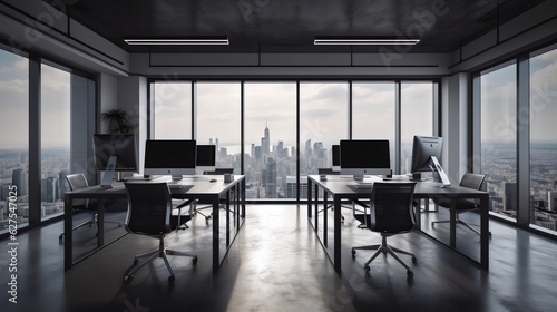 Productivity at Its Finest  A Sleek Office Space with Tidy Desks  High-End Technology  and a Breathtaking Cityscape View  Perfect for Boosting Efficiency and Inspiring Creativity. Generative AI