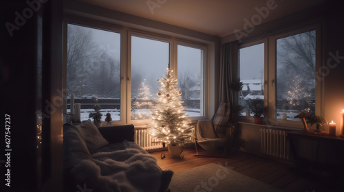 Winter Cozy Living Room: White Seats and Sofa with Round Light Brown Rugs, Glass Table, and Wooden Bookshelf Filled with Books, View of Snowy Landscapes Outside the Window. Generative AI © Akash