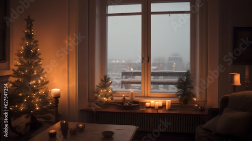 Winter Cozy Living Room: White Seats and Sofa with Round Light Brown Rugs, Glass Table, and Wooden Bookshelf Filled with Books, View of Snowy Landscapes Outside the Window. Generative AI © Akash
