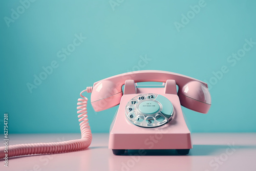 Blue vintage telephone on pink pastel color background. minimal idea concept