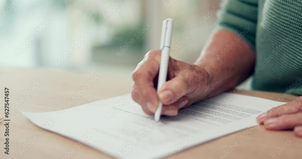 Hands, sign or senior woman with contract, application or document for will, insurance or divorce papers. Pen, closeup or person writing signature for paperwork, form or title deed agreement on table
