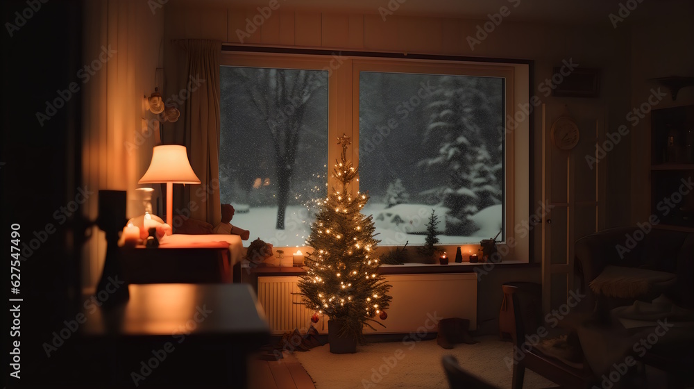 Fototapeta premium Winter Cozy Living Room: White Seats and Sofa with Round Light Brown Rugs, Glass Table, and Wooden Bookshelf Filled with Books, View of Snowy Landscapes Outside the Window. Generative AI