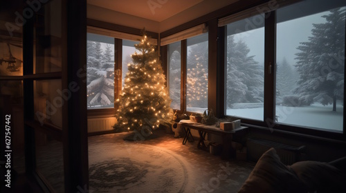 Winter Cozy Living Room  White Seats and Sofa with Round Light Brown Rugs  Glass Table  and Wooden Bookshelf Filled with Books  View of Snowy Landscapes Outside the Window. Generative AI
