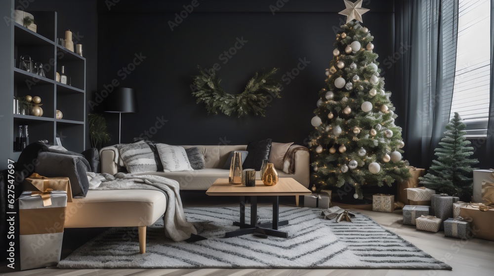 Trendy Christmas Elegance: Well-Decorated Tree in a Modern and Stylish Living Room, Adorned with Unique and Trendy Ornaments, Capturing the Spirit of the Holiday Season. Generative AI