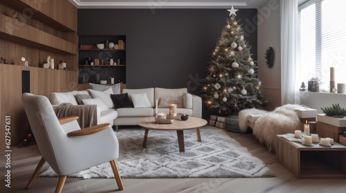 Wallpaper Mural Trendy Christmas Elegance: Well-Decorated Tree in a Modern and Stylish Living Room, Adorned with Unique and Trendy Ornaments, Capturing the Spirit of the Holiday Season. Generative AI Torontodigital.ca