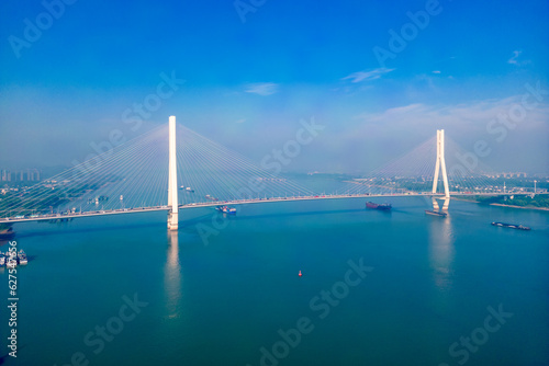 An aerial view of the Baguazhou Bridge over the Yangtze River in Nanjing, China