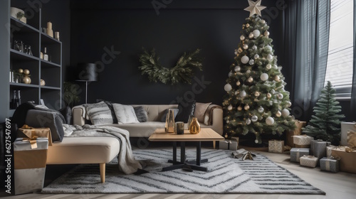 Trendy Christmas Elegance: Well-Decorated Tree in a Modern and Stylish Living Room, Adorned with Unique and Trendy Ornaments, Capturing the Spirit of the Holiday Season. Generative AI © Akash