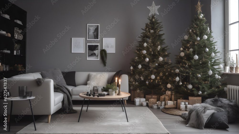 Fototapeta premium Trendy Christmas Elegance: Well-Decorated Tree in a Modern and Stylish Living Room, Adorned with Unique and Trendy Ornaments, Capturing the Spirit of the Holiday Season. Generative AI