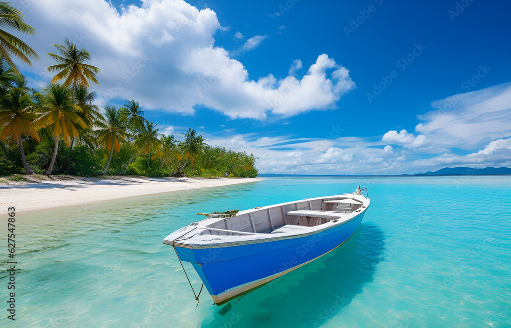 Boat in turquoise ocean water against blue sky with white clouds and tropical island. Natural landscape for summer vacation, panoramic view.
