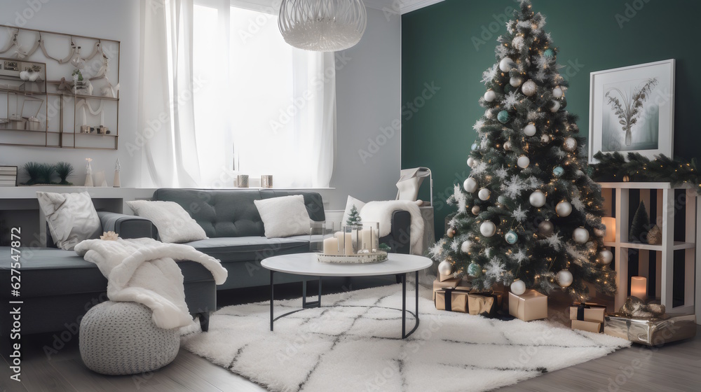 Obraz premium Trendy Christmas Elegance: Well-Decorated Tree in a Modern and Stylish Living Room, Adorned with Unique and Trendy Ornaments, Capturing the Spirit of the Holiday Season. Generative AI