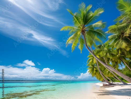 Beautiful tropical beach with white sand, turquoise ocean on background blue sky with clouds on sunny summer day. Palm tree leaned over water. Perfect landscape for relaxing vacation, island Maldives