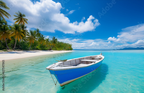 Boat in turquoise ocean water against blue sky with white clouds and tropical island. Natural landscape for summer vacation, panoramic view. 