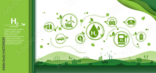 The concept of clean Hydrogen Energy with icons, changing the CO2 fuel cell to H2 switching to clean hydrogen energy with friendly and sustainable development for environment and alternative lifestyle