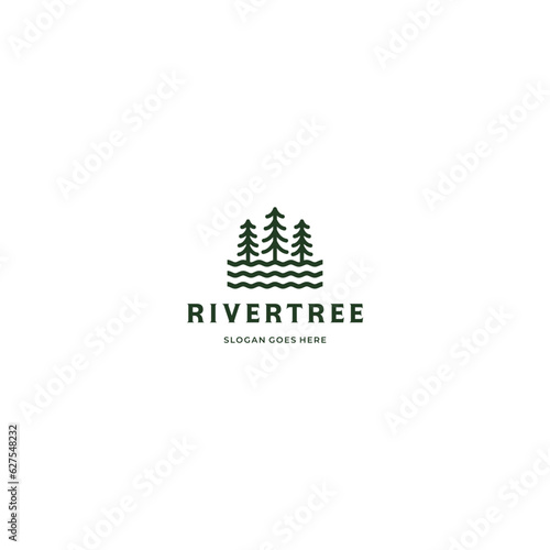 pine evergreen, river tree logo design line art vintage style on isolated background