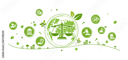 Green rights and law or environment law for better living with eco friendly and sustainable future. Green environment template with isolated icons. Modern flat infographic, vector illustration. 