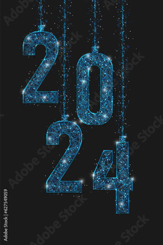 Abstract isolated blue image of new year number 2024. Polygonal low poly wireframe illustration looks like stars in the blask night sky in spase or flying glass shards. Digital web, internet design.