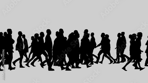 Black silhouettes of people walking towards each other on a white background.