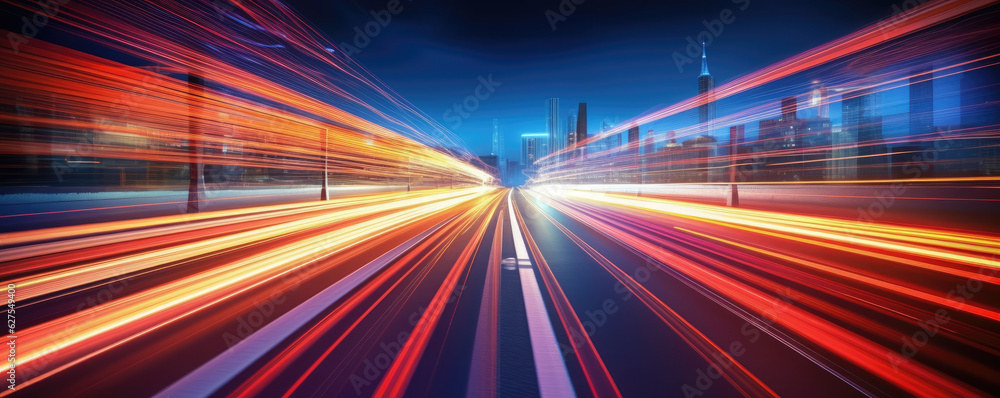 Obraz premium Long exposure of car lights at night on city streets. Generative AI