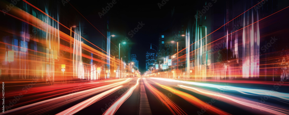 Long exposure of car lights at night on city streets. Generative AI