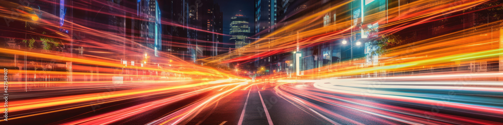 Obraz premium Long exposure of car lights at night on city streets. Generative AI