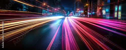 Long exposure of car lights at night on city streets. Generative AI
