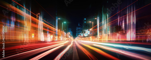 Long exposure of car lights at night on city streets. Generative AI © Farnaces