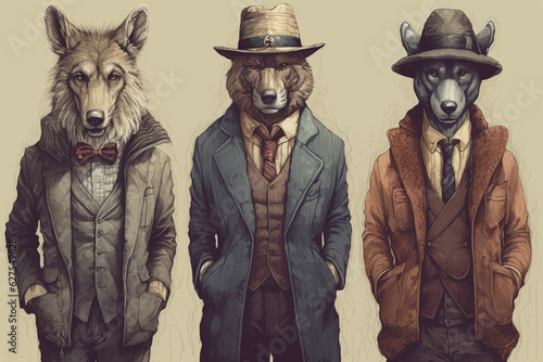 Animals in clothes Concept graphic in vintage style.