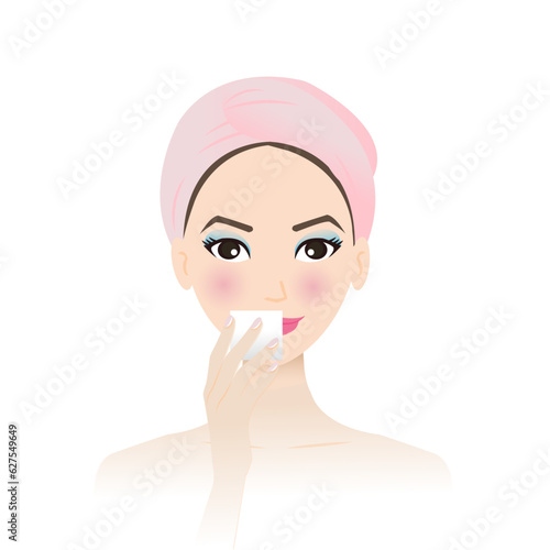 Cute woman remove makeup from face with  cotton pad vector on white background. Removing lipstick, lip color and lip liner from lip. Skin care and beauty concept illustration.