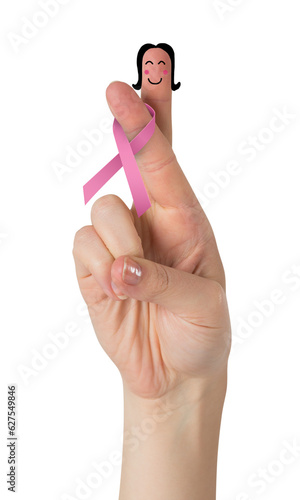Digital png illustration of fingers with pink ribbon on transparent background