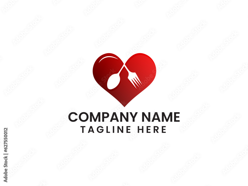 Food love logo. Love food. Love logo. Business. Premium template. Hotel. Spoon. Creative. Modern. Heart. Vector art. Red
