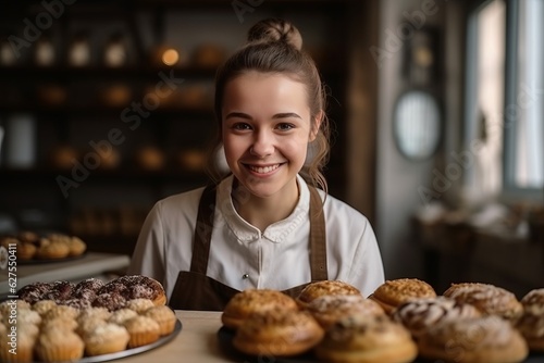 A cheerful mature female baker, she is smiling to the camera and sitting in her bakery store.
