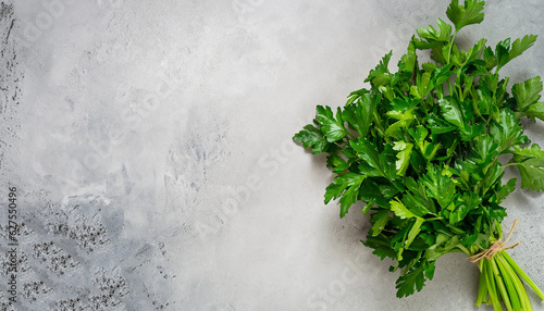Fresh parsley on a light stone or slate background. Top view with copy space, flat lay.