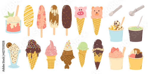 Set different colorful ice cream in waffle cone with sprinkling, on stick, sorbet in box, metal spoons for make ball in flat hand drawn vector style isolated on white background