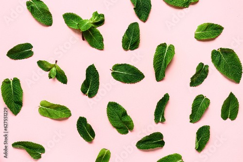 Composition with fresh mint leaves on pink background