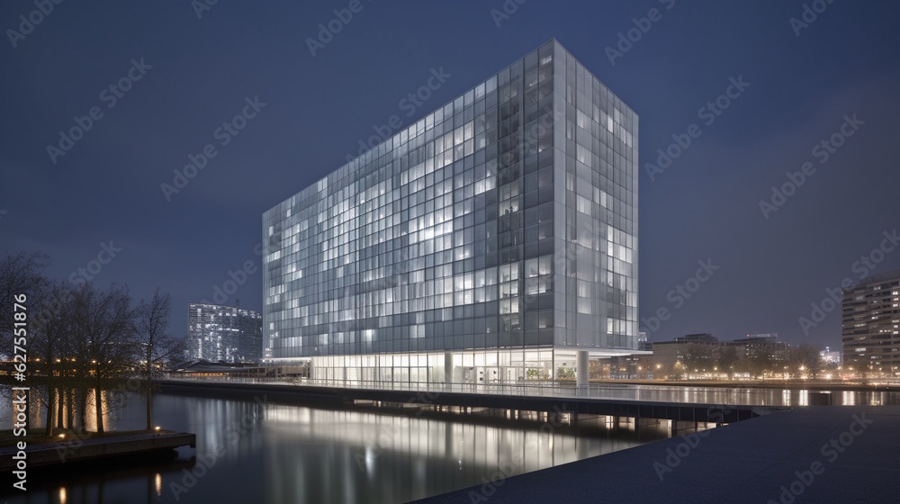 Night View of Modern Hotel with Glass Box Extrusion, Metal Curtain Wall, Riverside Location. A Showcase of Architectural Excellence by David Chipperfield. Generative AI