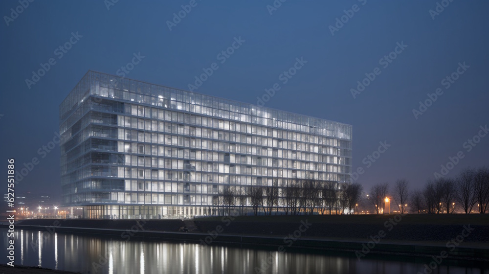Night View of Modern Hotel with Glass Box Extrusion, Metal Curtain Wall, Riverside Location. A Showcase of Architectural Excellence by David Chipperfield. Generative AI
