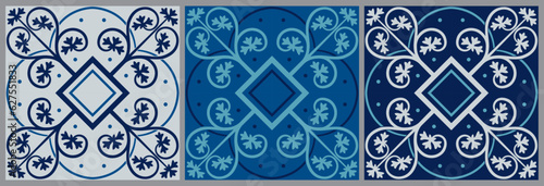 Mediterranean tile abstract geometric floral patterns. Portuguese culture, in blue and white. Spanish majolica tile pattern. Vector illustration.