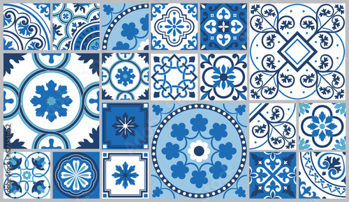 Mediterranean tile abstract geometric floral patterns. Portuguese culture, in blue and white. Spanish majolica tile pattern. Vector illustration.