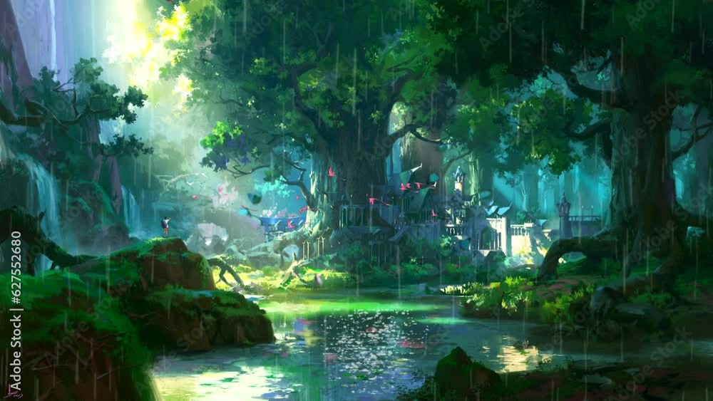 Beautiful landscape of tropical rainforest in fantasy style. Seamless looping 4K time-lapse virtual video animation background. Liquid paint anime landscape illustration.