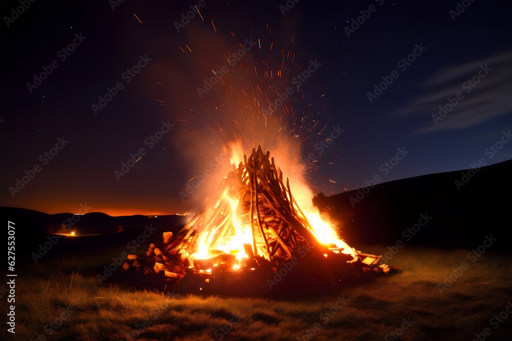 A Beautiful Bonfire Illuminates the Darkness with Warmth and Flickering Flames. Generative AI A Beautiful Bonfire Illuminates the Darkness with Warmth and Flickering Flames. Generative AI