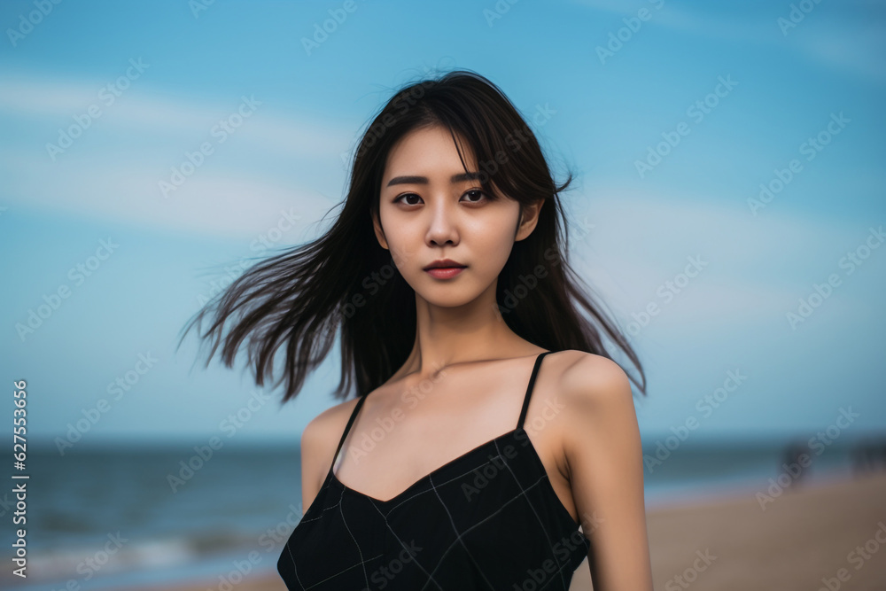 Black-haired Asian woman exudes elegance in a stylish black dress, blending Japanese, Korean, and Chinese styles, posing gracefully by the sea in a vintage film photo theme. Generative AI. Black-haired Asian woman exudes elegance in a stylish black dress, blending Japanese, Korean, and Chinese styles, posing gracefully by the sea in a vintage film photo theme. Generative AI.