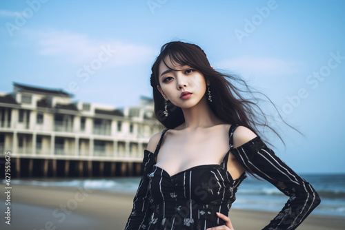 Black-haired Asian woman exudes elegance in a stylish black dress, blending Japanese, Korean, and Chinese styles, posing gracefully by the sea in a vintage film photo theme. Generative AI.