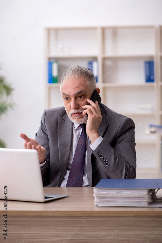 Old male employee speaking by phone at workplace